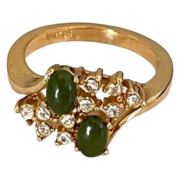 Vintage Jade Ring With Austrian Crystal Accents 14K Gold Electroplate - Picture 1 of 3